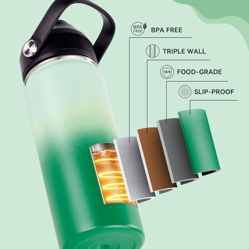 Fijinhom 18oz Insulated Stainless Steel Water Bottle, Wide Mouth Double Wall Vacuum, Silicone Straw, Sweat & Leak Proof, BPA Free Insulated Water Flask for Travel, Green Gradient - color: Green Gradient, size: 18 Ounces