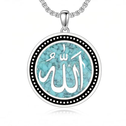 Allah Necklace 925 Sterling Silver Religious Muslim Turquoise Pendant Islamic Jewelry Gifts for Women Men