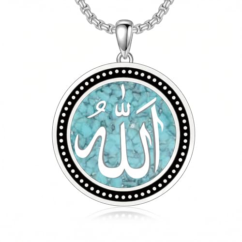 Allah Necklace 925 Sterling Silver Religious Muslim Turquoise Pendant Islamic Jewelry Gifts for Women Men