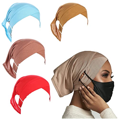 4 Pieces Muslim Under Scarf with Ear Hole Stretch Jersey Inner Hijabs Tube Caps for Islamic Women Turban Bonnet… - color: Red+yellow+blue+pink