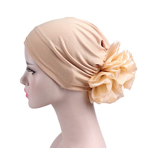 Women Flower Elastic Turban Beanie Head Scarf wrap Chemo Cap hat for Cancer Patient - color: Khaki