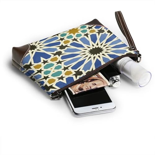 Leather Clutch Purse for Women, Large Capacity Wristlet Wallet with Removable Strap, Zip Handbag - color: Geometric Islamic Art
