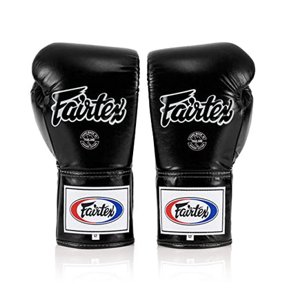 Fairtex BGL6 Handmade Leather Gloves| Optimal fist Closure with a Locked-Thumb Design| Premium Leather |Triple-Layered Foam |Lace-up Closure. Ideal for Boxing, MMA, and Kickboxing. - color: Black, size: 16 oz