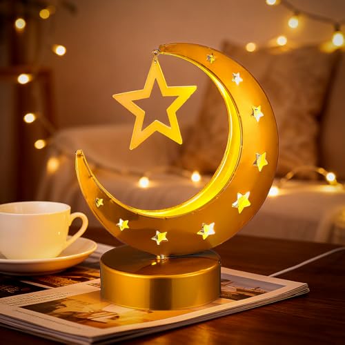 Cinnvoice Ramadan Decorations Moon Ramadan Lights for Table Home 2026, Crescent Lunar Moon Lamp for Eid Mubarak Decor Eid Ul Fitr Lamp Gifts Bedroom Livingroom(Metal,Classic Style) - style: Classic Style