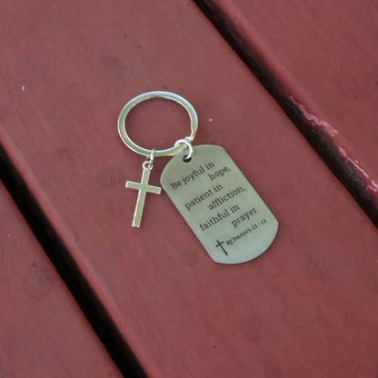 Inspirational Scripture Keychain with Cross - Bible Verse Matte Key Chain Religious Gift for Christian - style: Romans 12:12