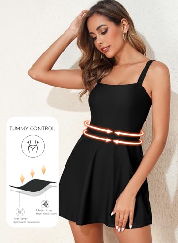 Aleumdr Women's One Piece Swimsuit Tummy Control Swim Dress Modest Full Coverage Skirt Bathing Suit with Pockets - color: Black, size: Large