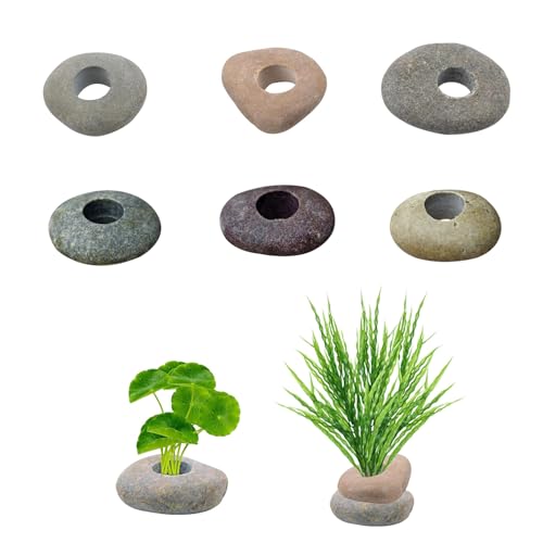 6 Pcs Natural River Stone Plant Weights for Aquarium, Pebble Aquatic Plants Fixed Ring, Aquarium Plant Anchors, Unique Shape & Size for Aquarium Landscape Decoration (0.79'' Hole Diameter)