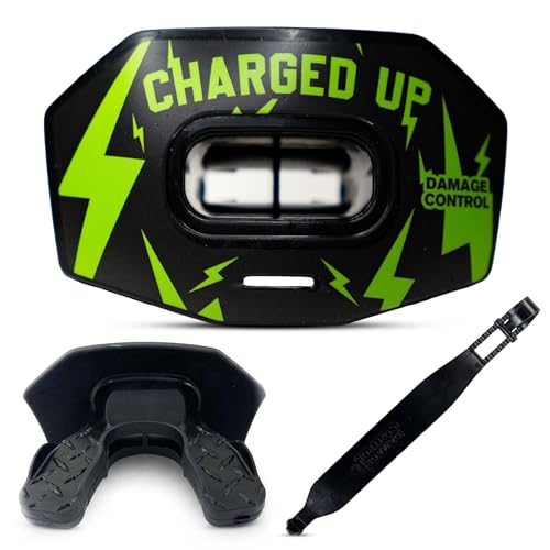 DAMAGE CONTROL Youth Football Mouth Guard – Breathable No Boil Mouthpiece, Protects Lips & Teeth, Works with Braces, Includes Helmet Strap – Sports Gear & Accessories (Charged Up) - color: Charged Up