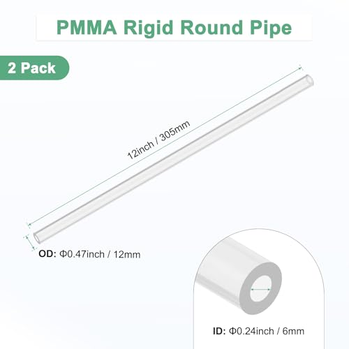 M METERXITY 2-Pack Clear Rigid Acrylic Pipe, 6mm[0.24"] ID x 12mm[0.47"] OD Plastic Round Tube for Water Cooling System/Lamps/Fountains/Aquariums/Display Stand, Acrylic Tubing [305mm/12IN] - size: 6mm ID x 12mm OD