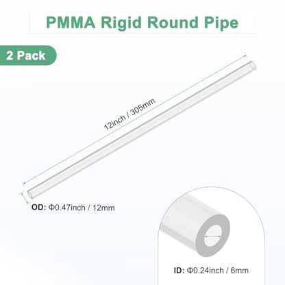 M METERXITY 2-Pack Clear Rigid Acrylic Pipe, 6mm[0.24"] ID x 12mm[0.47"] OD Plastic Round Tube for Water Cooling System/Lamps/Fountains/Aquariums/Display Stand, Acrylic Tubing [305mm/12IN] - size: 6mm ID x 12mm OD