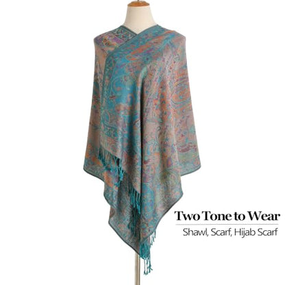 Paisley Pashmina Rave Shawl Scarf-Women's Reversible Ethnic Jacquard Pashmina Wraps for Travel - color: A#. Turquoise