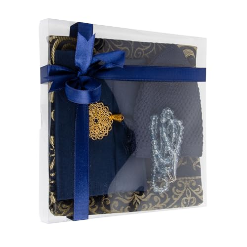 Islamic Prayer Gift Set for Men – Velvet Prayer Mat, Tasbih Beads, Yaseen Book – Muslim Prayer Essentials – Ramadan Eid Gift - color: Dark Blue