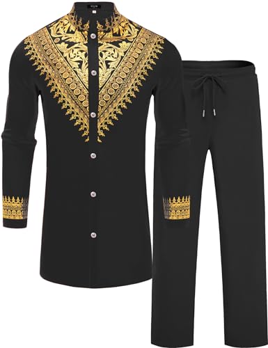 Mens African 2 Piece Set Metallic Traditional Suit Gold Stamp Printed African Dashiki Shirt and Pants Outfit - color: Black, size: XX-Large