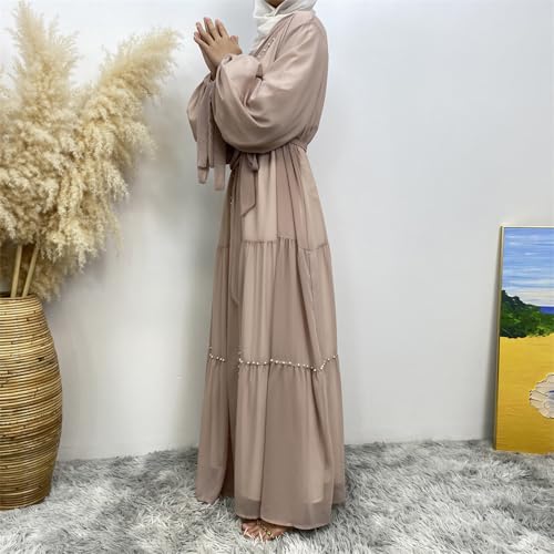 Abayas For Women Muslim Ramadan Long Sleeve Open Front Imitation Pearls Tiered Chiffon Dress Cardigan with Belt Dubai Kaftan - color: Apricot, size: XX-Large