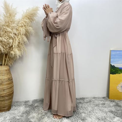 Abayas For Women Muslim Ramadan Long Sleeve Open Front Imitation Pearls Tiered Chiffon Dress Cardigan with Belt Dubai Kaftan - color: Apricot, size: Medium