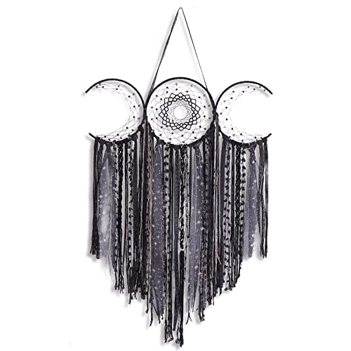 Black Triple Moon Goddess Dream Catcher Macrame Wall Hanging, Pagan Decor - color: Shadow Black