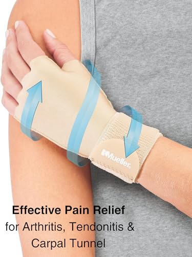 MUELLER Sports Medicine Compression Glove for Men and Women, Hand & Wrist Pain Relief Support, Ideal for Carpal Tunnel, Arthritis, Fits Right or Left, Beige - size: Large/X-Large