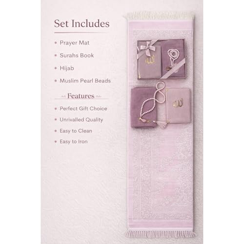 SAJADAH Muslim Prayer Rug Set - 4 in One Islamic Gifts Set, Prayer Mat, Prayer Beads, Hijab, Surahs Book,Eid Gifts - color: Pink
