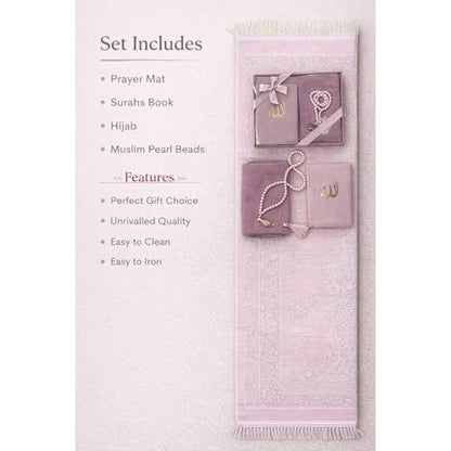SAJADAH Muslim Prayer Rug Set - 4 in One Islamic Gifts Set, Prayer Mat, Prayer Beads, Hijab, Surahs Book,Eid Gifts - color: Pink
