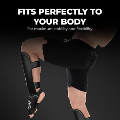 FIGHTR® Shin Guards - with a and Ideal Padding | Thick shin Protection for Kicks in Kickboxing, MMA, Muay Thai and Other Martial Arts - color: Black White, size: Medium
