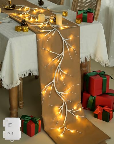 JMEXSUSS 6FT Birch Garland Lighted, 48 LED Lighted Birch Garland Battery Operated, Christmas Garland Warm White Twig Lights for Mantle Fireplace Home Table Room Wall Christmas Decor - color: White Birch