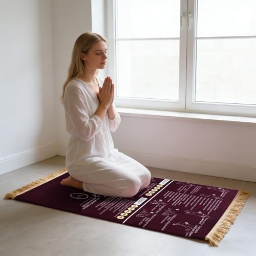 Bilingual Guided Prayer Mat with English Reading & Arabic Recitation Guide, Non-Slip Salah Prayer Mat with Instructions for Prayer Learning, Meditation (Red, 70x110cm)