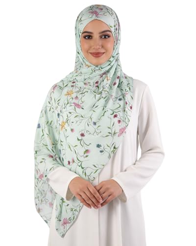 ZGMYC Watercolour Floral Printed Hijab Scarf for Women Soft Modal Cotton Instant Hijab Head Wraps Shawls Long Scarves - color: Light Green Flowers
