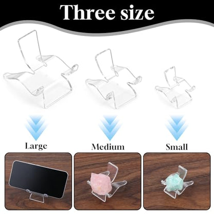 12 PCS Rock Display Stand Acrylic Clear Crystal Holder 3 Sizes Clear Plastic Display Easel Stands Mini DisplayStand for Small Collectibles Stones Rock Agate Coral Gemstone Geodes Mineral