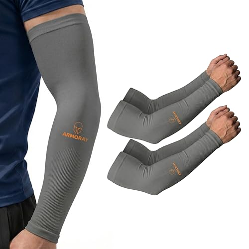 ARMORAY Arm Sleeves for Men and Women - UV Sun Protection Cooling Compression - Tattoo Cover Up Sleeve for Daily Wear & Work - color: Gray (2 Pairs)