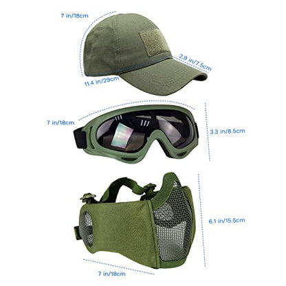 Airsoft Mask with Goggles, Foldable Half Face Airsoft Mesh Mask with Ear Protection for Paintball Shooting Cosplay CS Game - color: ArmyGreen-3pcs, size: 3pcs