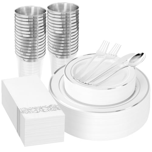 Supernal 200Pcs White and Silver Plastic Dinnerware Set for 25 Guests Party - color: 200pcs White and Silver Plastic Dinnerware