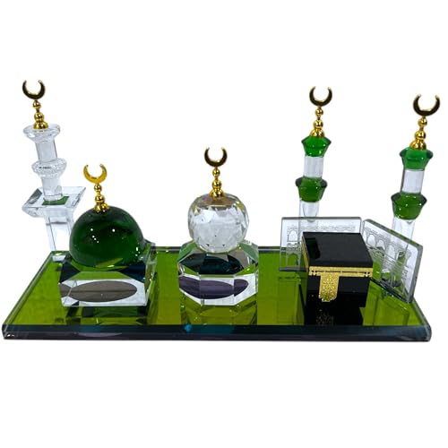 Muslim Crystal Kaaba Dome Mosque Islamic Desktop Ornament Collectible Figurine for Home Mecca Souvenir Islamic Decoration 5"x3" (Glass Kaaba + Medina + Bait al Muqaddus) - color: Glass Kaaba + Medina + Bait Al Muqaddus