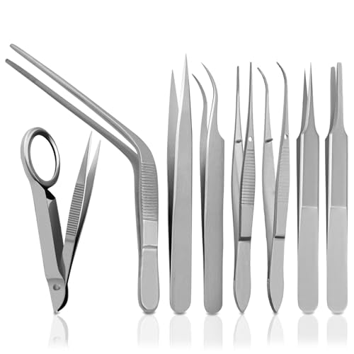 Splinter Forceps - Fine Point - Tweezers Stainless Steel Straight & Curved (Set of 8 Pcs W Magnifying Glass) - size: Set of 8 Pcs W Magnifying Glass