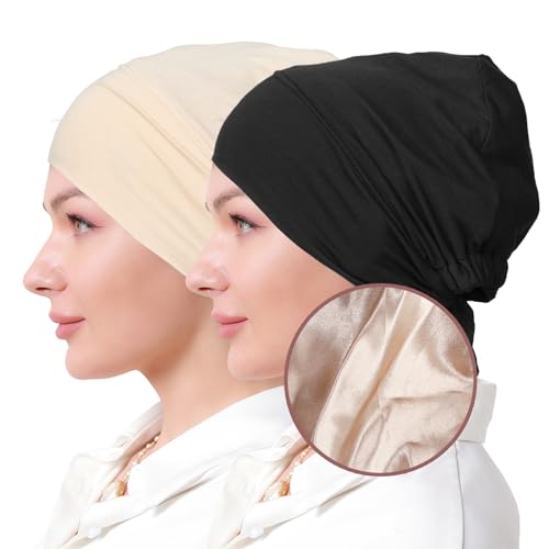 Women Under Hijab Cap Islamic Underscarf Turbans for Women Solid Color Hijab Bonnet Caps Muslim Scarf Inner Cap - color: Black+beige