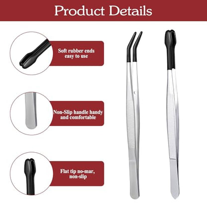 2 Pcs Tweezers with Rubber Tips, Curved Bent Tip Tweezers PVC Coated Tweezers Long Stainless Steel Tweezers Precision Tweezers Set for Crafts Stamps Jewelry Industrial Electronic Lab (Black)