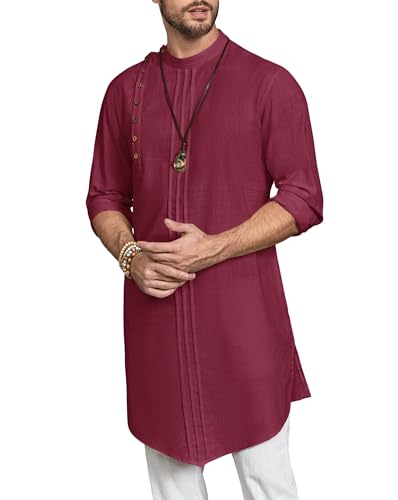Gafeng Mens Kaftan Thobe Long Sleeve Robe Gown Casual Cotton Linen Button Muslim Shirt - color: Wine Red, size: Medium