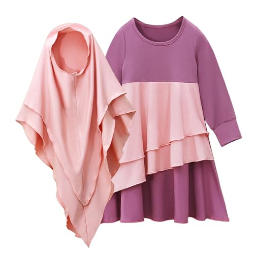 Muslim Dress for Girl Abaya Kaftan Kids Islamic Prayer Clothes Long Sleeve Dress Dubai 2026 Ramadan Hijab Sets - color: Pink, size: 7-8 Years