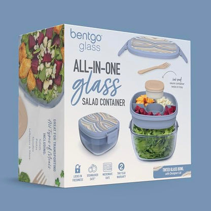Bentgo Glass Prints Salad Container - 7.6-Cup Tinted Glass Salad Bowl with Airtight Lid, Leak-Proof Sauce Container, 4-Compartment Bento Meal Prep Tray & Reusable Fork (Wildly Chic - Soft Blue) - color: Wildly Chic - Soft Blue