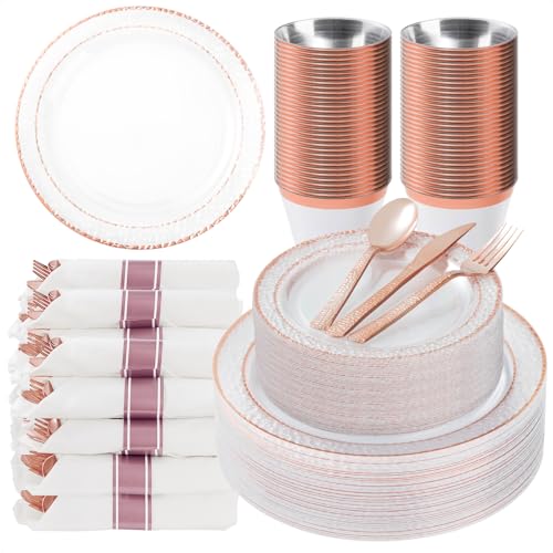 Bestluck 350PCS Clear Plastic Plates with Rose Gold Trim for 50 Guests, - color: Rose Gold, size: 50 Guests Set
