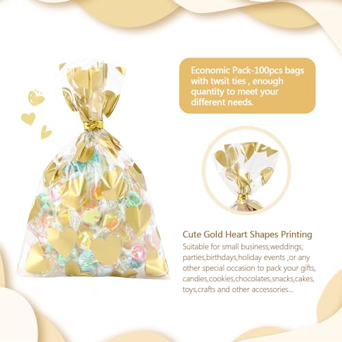 COQOFA 100 Pcs 5x7 IN Gold Heart Cello Cellophane Gift Bags for Baby Shower, Valentine, Wedding, Birthday with Twist Ties - color: Gold Heart, size: 5x7 in