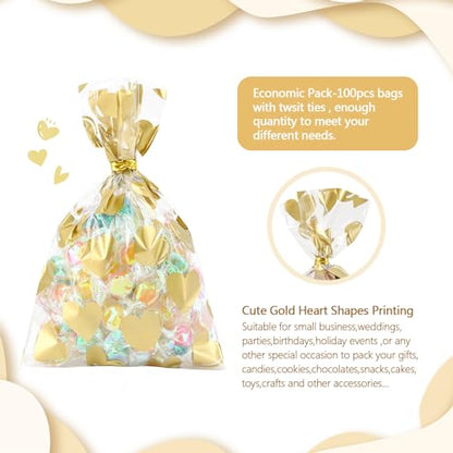 COQOFA 100 Pcs 5x7 IN Gold Heart Cello Cellophane Gift Bags for Baby Shower, Valentine, Wedding, Birthday with Twist Ties - color: Gold Heart, size: 5x7 in
