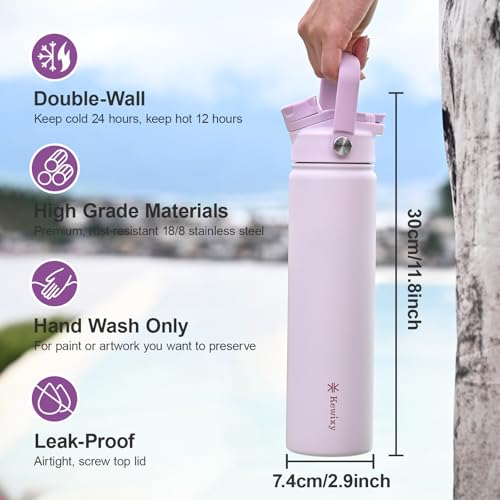KEWIXY 24 oz Insulated Water Bottle, 2-in-1 Lid, Straw & Spout with Protected, Leak Proof, Keep Cold, Stainless Steel, Metal, Reusable, Handle, for Travel, Gym and School, 2 Lids, Pale Mauve - color: Pale Mauve, size: 24 Ounces