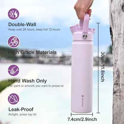 KEWIXY 24 oz Insulated Water Bottle, 2-in-1 Lid, Straw & Spout with Protected, Leak Proof, Keep Cold, Stainless Steel, Metal, Reusable, Handle, for Travel, Gym and School, 2 Lids, Pale Mauve - color: Pale Mauve, size: 24 Ounces