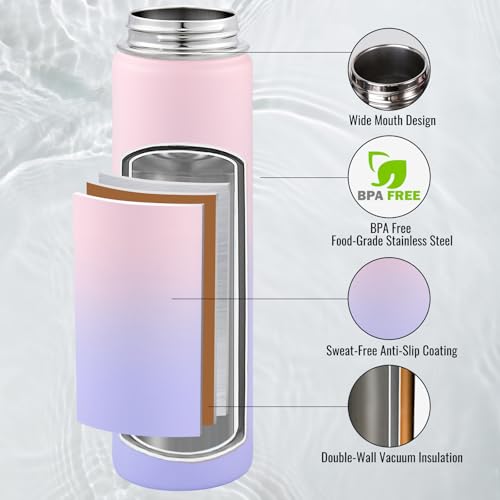 Fijinhom Insulated Water Bottle with Handle, 304 Stainless Steel Water Bottles with Wide Mouth, Double Wall Vacuum Sports Water Bottle, BPA Free, Keep Cold and Hot, 24 Ounces, Pink/Purple - color: Pink/Purple, size: 24 Ounces