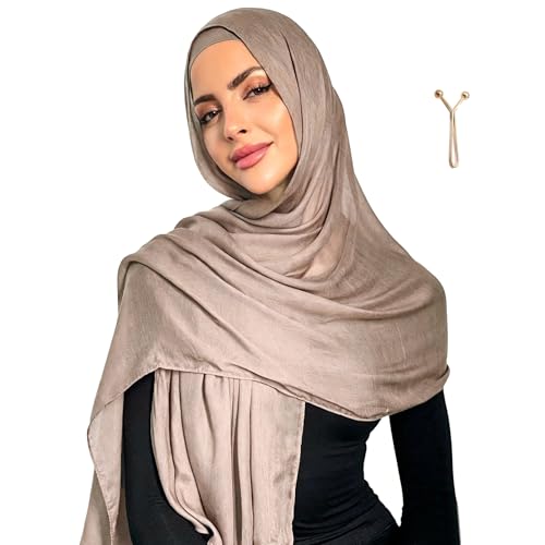 Jersey Hijab Scarf for Women,Lightweight Muslim Turban Head Scarf Modal Feel Hijab Coverings for Prayer with Clip - color: Light Brown