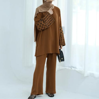 Women's Top + Pants Eid Ramadan Muslim Two-piece Outfits Embroidered Dubai Abaya Islamic Arabic Clothing - color: Coffee, size: X-Small-Small
