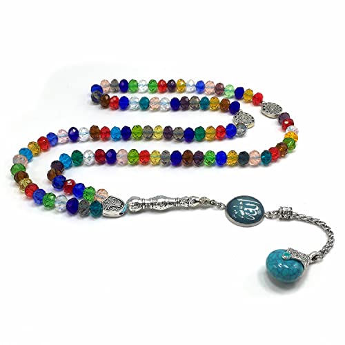 Special for Women Muslim Prayer Beads, Tesbih-Tasbih-Tasbeeh-Misbaha-Masbaha-Subha-Sebha-Sibha-Worry Beads (Multicolor Crystal - 6x8 mm 99 Beads & Allah Tassel)