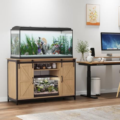VOWNER Farmhouse 55-75 Gallon Fish Tank Stand with Power Outlet, Natural | Aquarium Stand with Storage Cabinet and Sliding Barn Door, Heavy Duty Reptile Tank Stand, for 2 Tanks, 1000LBS Capacity - color: Natural