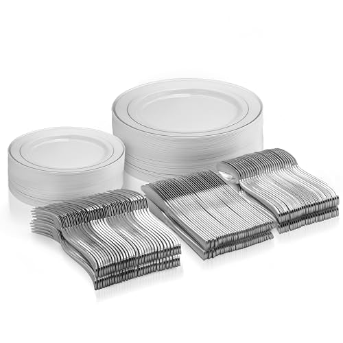 125 Piece Silver Dinnerware Party Set - 50 Silver Rim Plastic Plates, 25 Dinner 25 Dessert Plates, 25 Knives, 25 Forks, 25 Spoons - 25 Guest Disposable Set for Wedding Birthday Parties - color: Silver Rim