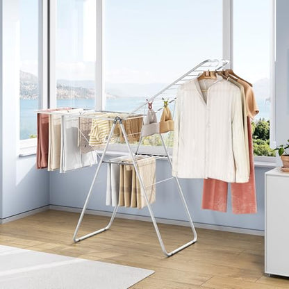 KINGBOARD Clothes Drying Rack Foldable, Metal Drying Rack Clothing with Height-Adjustable, Laundry Rack, Indoor Outdoor Use, No Assembly, 20.47"x 70"x 42.52", White - color: White